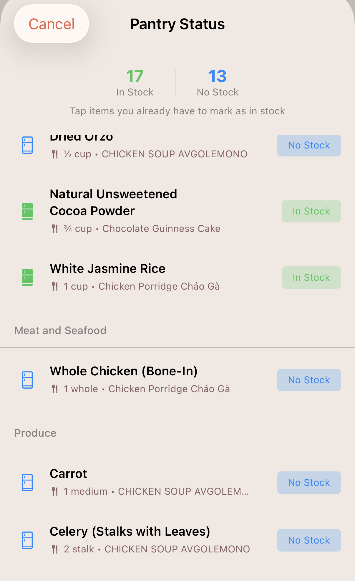 Pantry status showing 17 items in stock and 13 not in stock with toggle controls